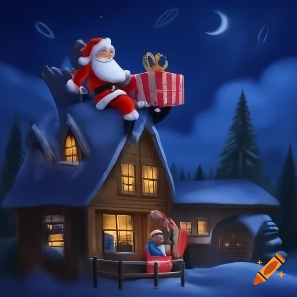 Santa claus with sleigh and gifts in decorated village watching a