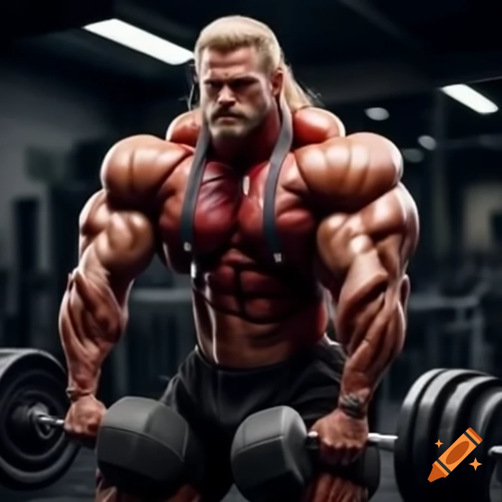 Ultra realistic bodybuilder with blond hair lifting heavy weights