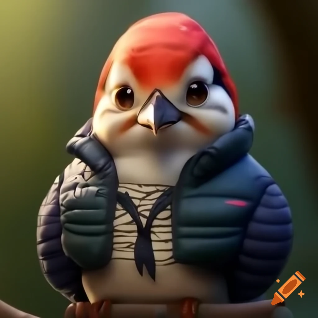 Woodpecker in a puffer vest, showcasing a playful character