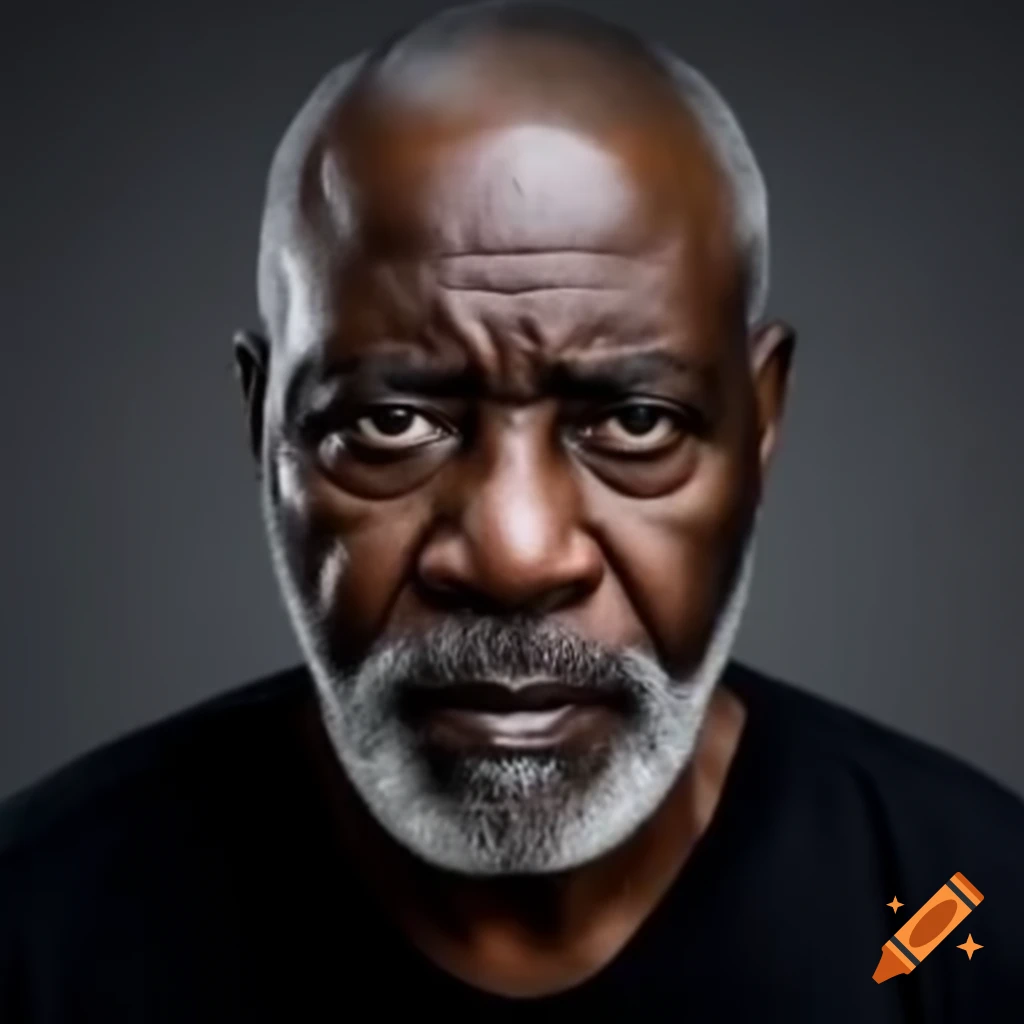 Close-up portrait of mature black man with shaved head and beard, depicting strong features and sad expression