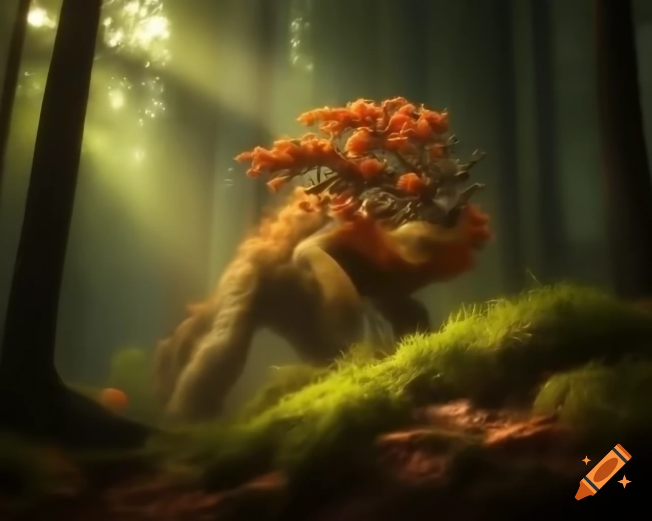 Realistic depiction of an orange tree monster in a contemporary nature setting