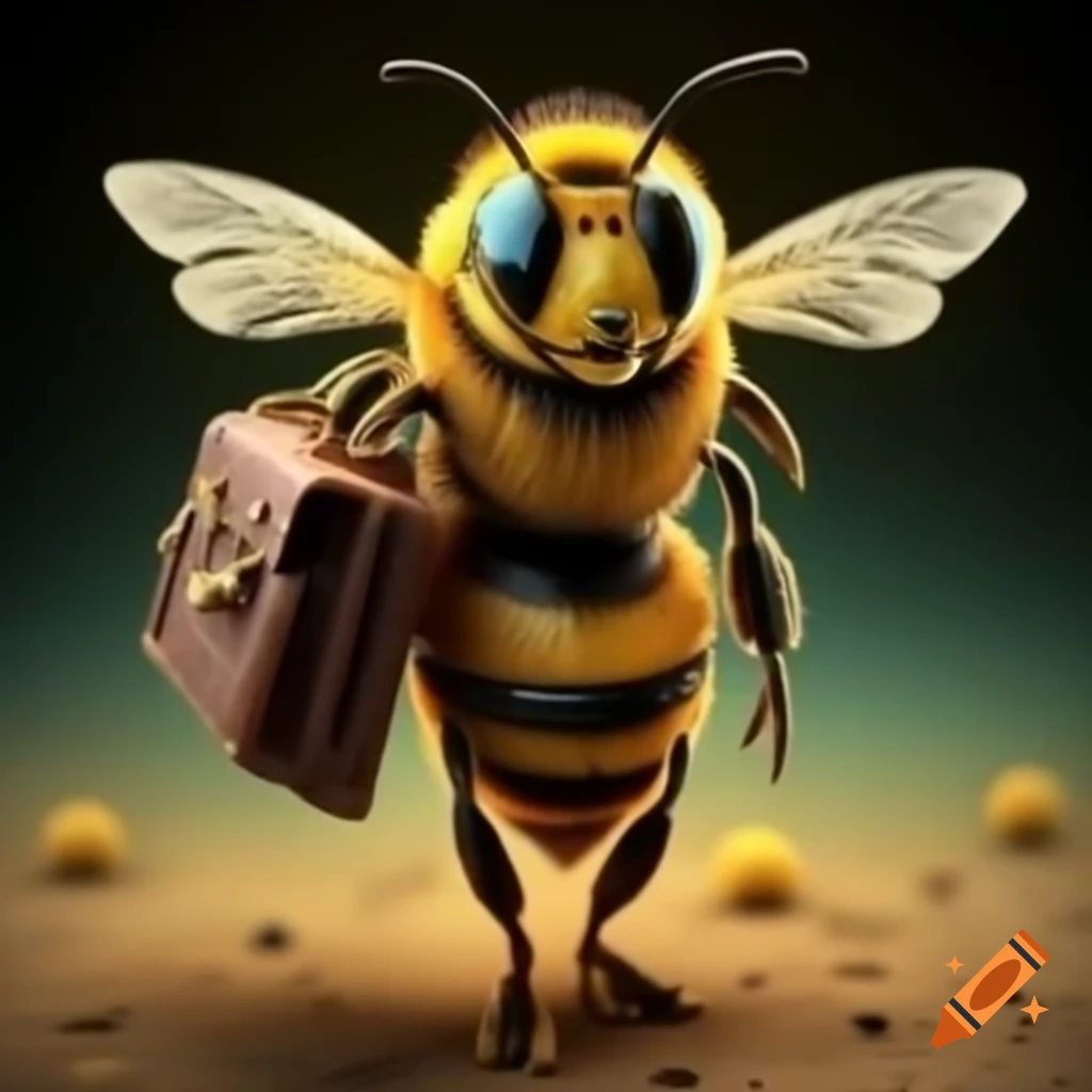 Photorealistic bee wearing a tie and carrying a briefcase