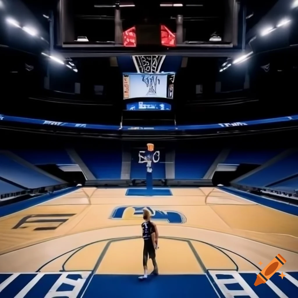 Indoor basketball court with professional player in center