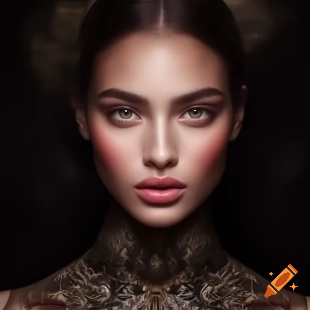 Portrait of a woman in extravagant fashion with intense gaze, dark atmosphere