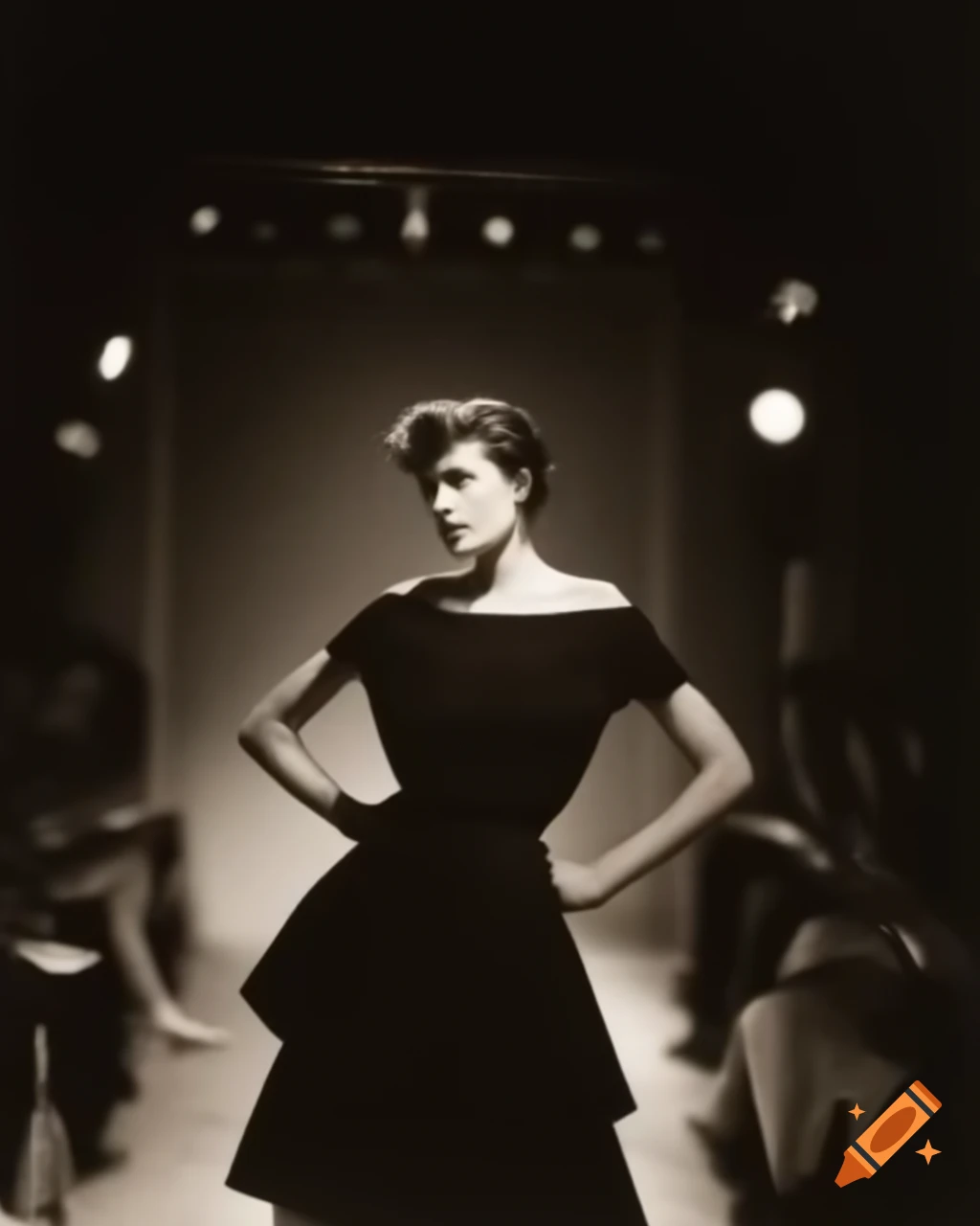 Woman in elegant dress on fashion catwalk with shining hair