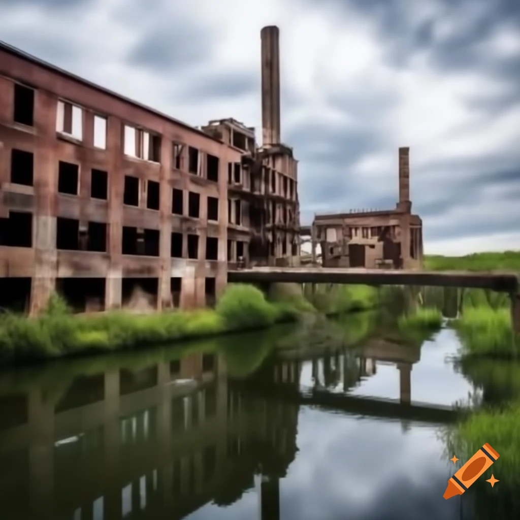 Decaying factory alongside a river