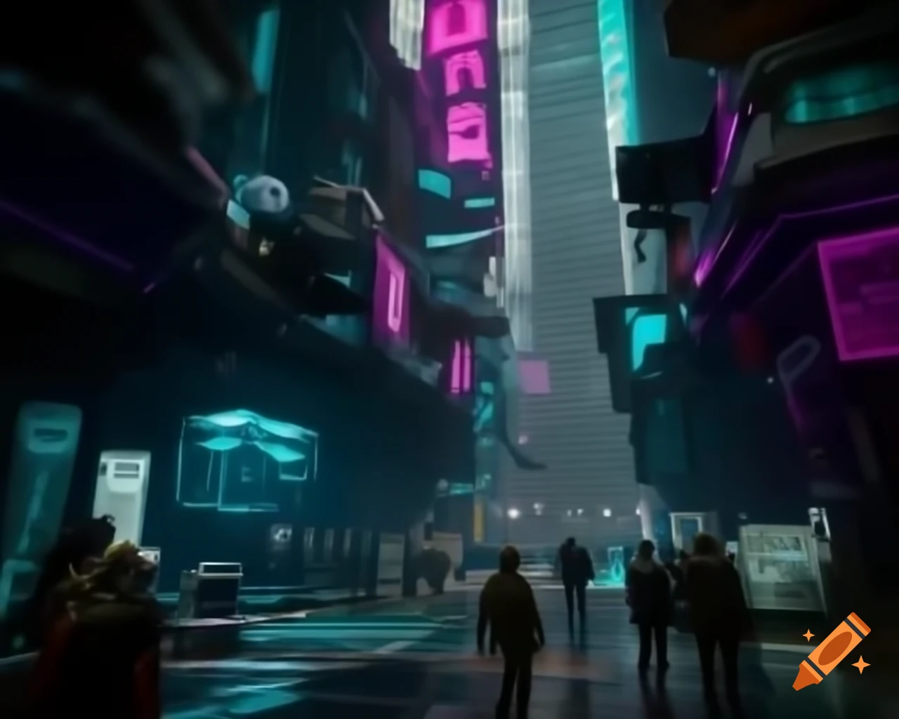 Cyberpunk neo-noir streets in hyper-realistic futuristic perspective