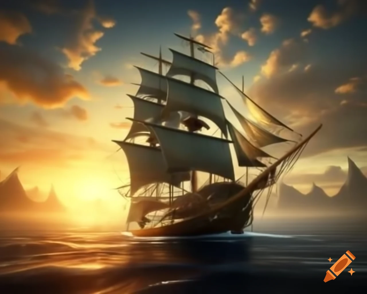 Elven sailing ship with golden sails at sunset