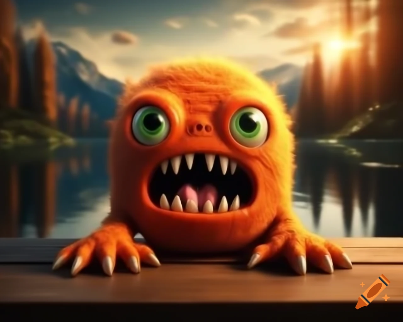 Photorealistic orange monster with human face sitting on wooden table in forest