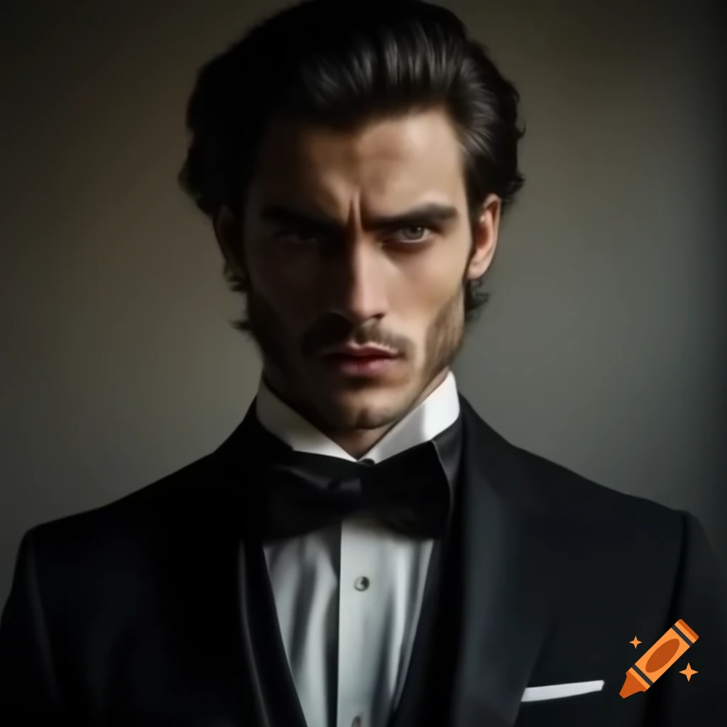Handsome man in tuxedo looking impatient and nervous with a hint of admiration
