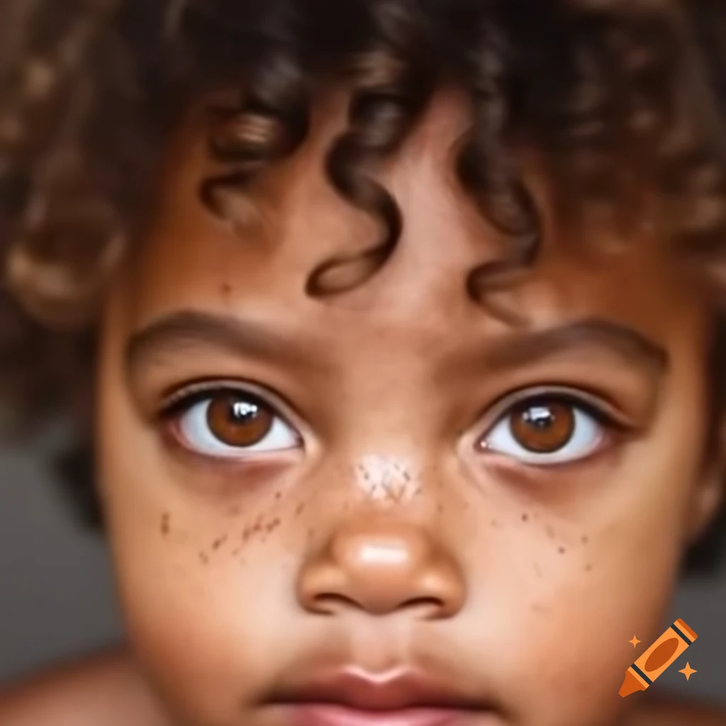 Child with olive skin hazel eyes and curly hair featuring freckles on Craiyon