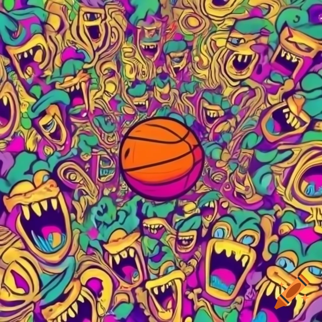 Psychedelic basketball logo with chaotic cartoon eyes in colorful sketch style