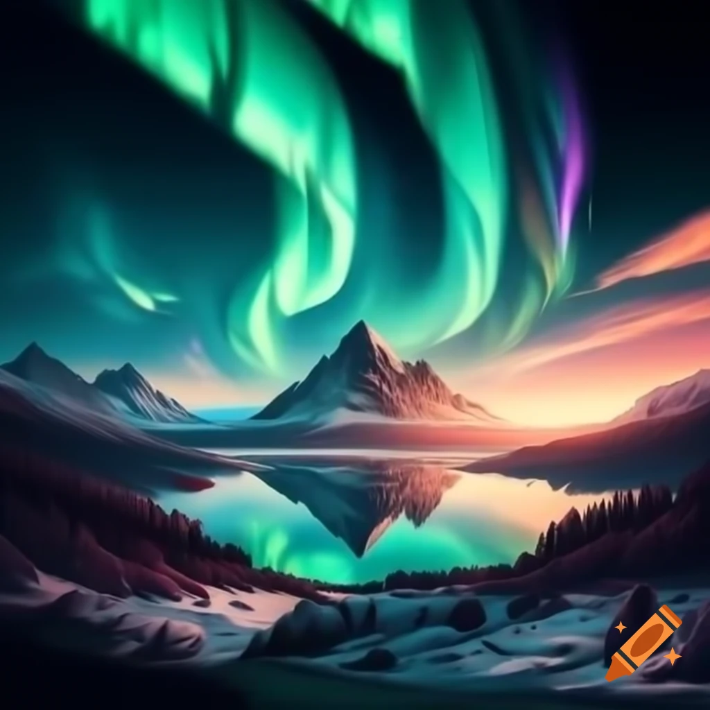 Mountain range view with northern lights in Nova Scotia morning