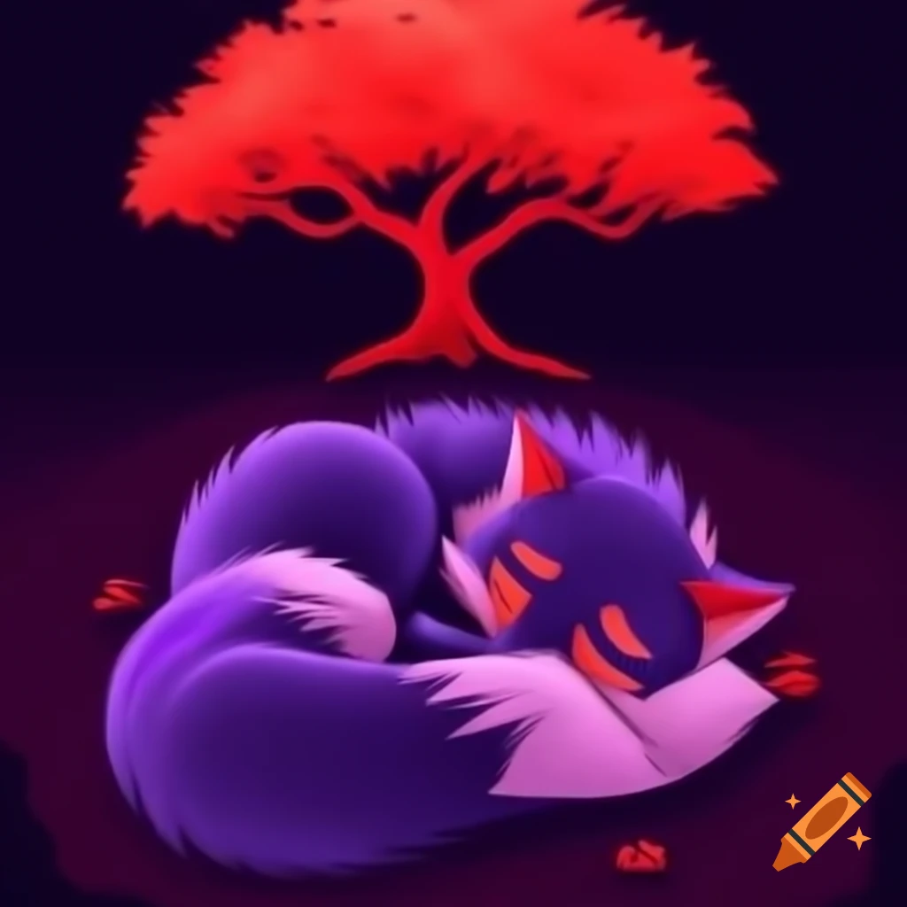 Three-tailed purple fox sleeping under red tree