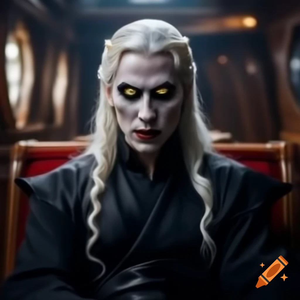Young vampire prince with white hair and yellow eyes in black robe sitting in ship cabin