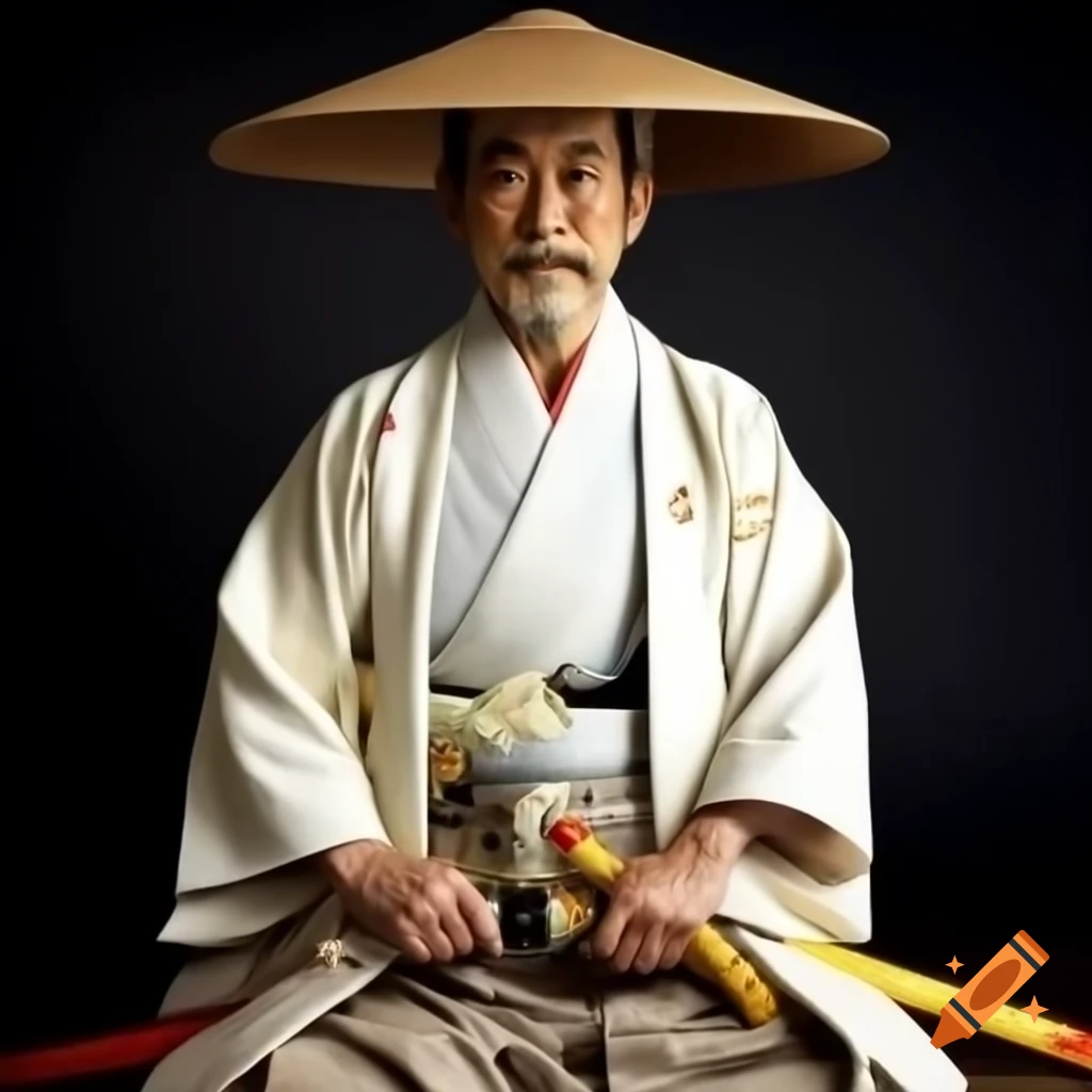 Japanese noble in white kimono holding a gold katana and wearing a hat