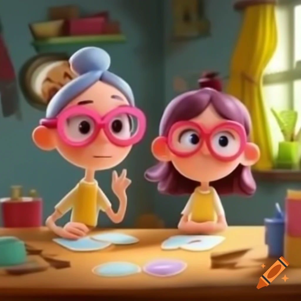 Two women crafting cards in a cartoon style craft room on craiyon