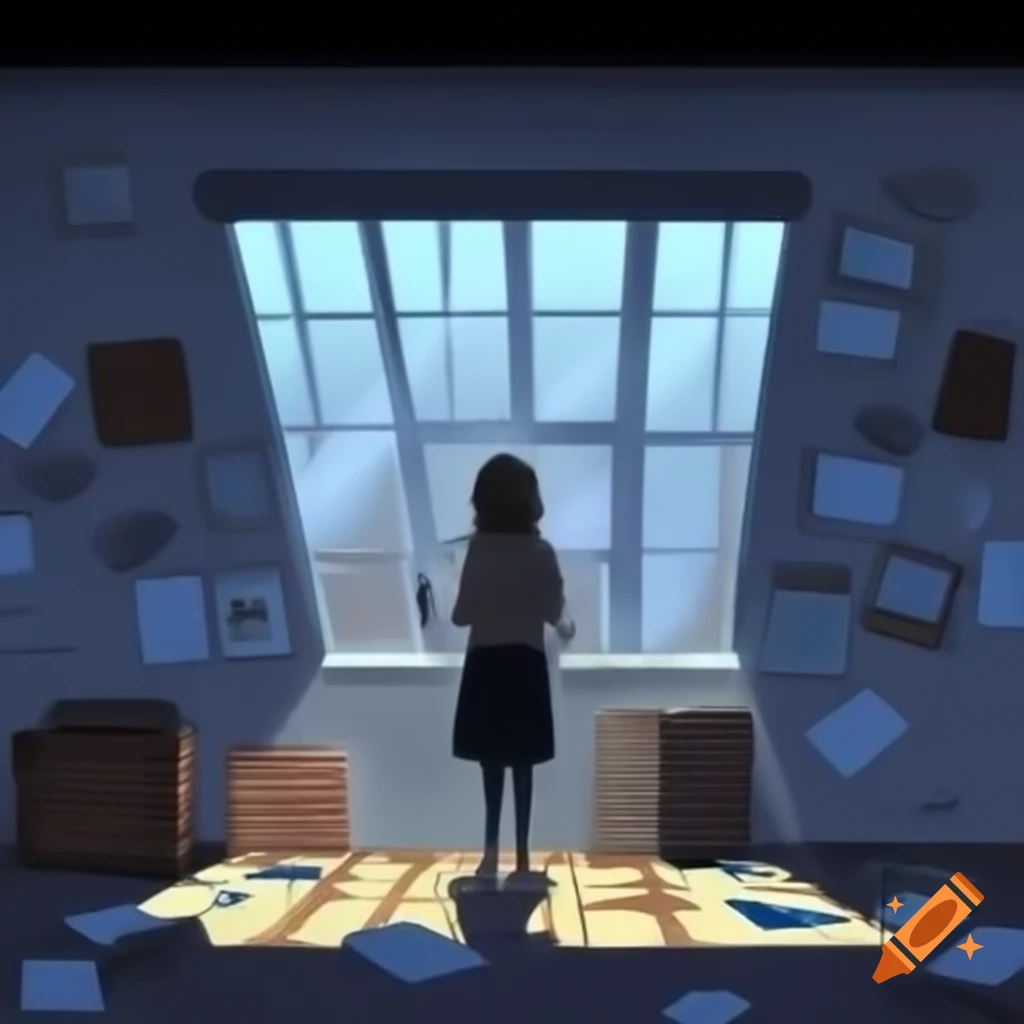 Storyboard of a woman in a cluttered room, dropping papers and multitasking with TV and phone