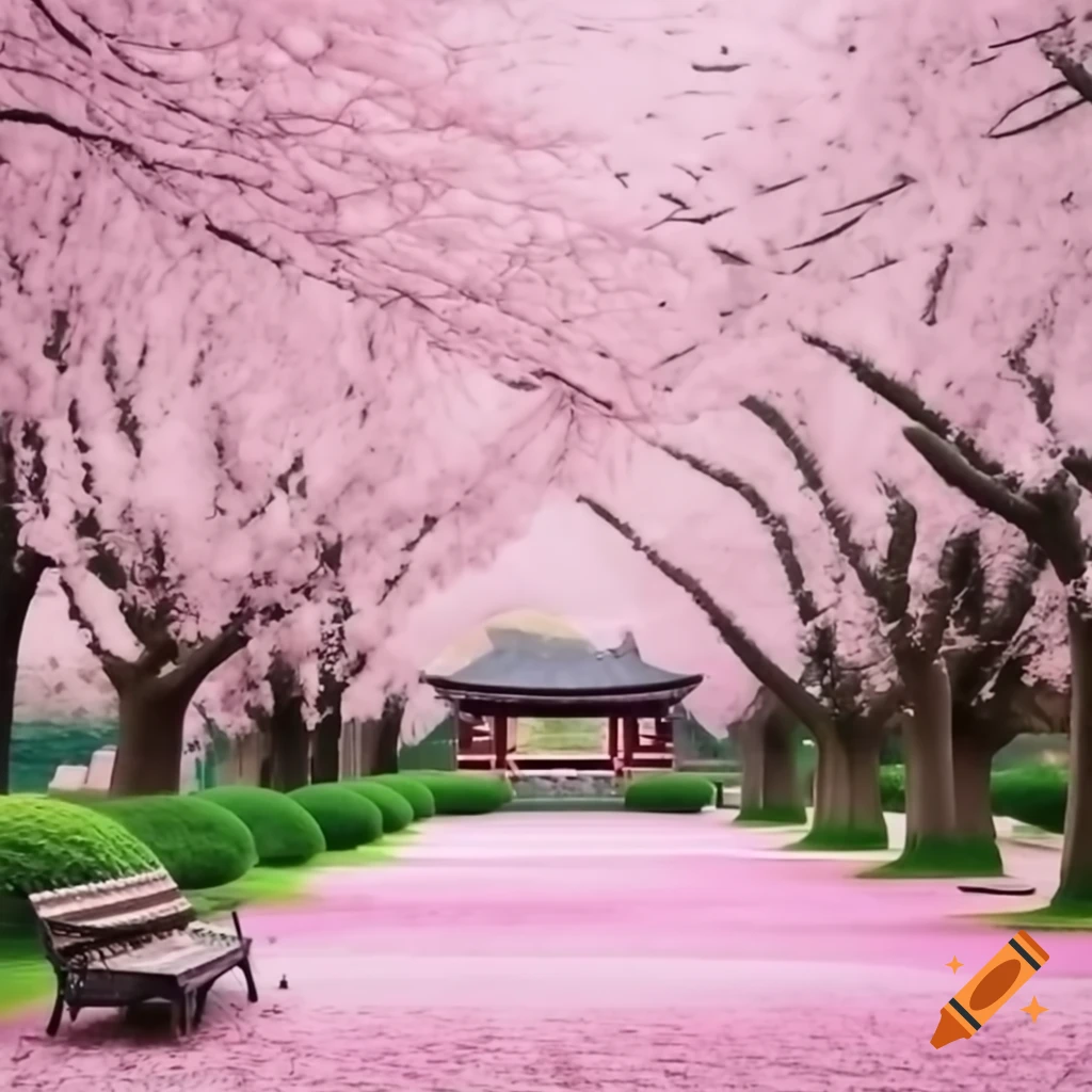Cherry blossom park with pagoda and falling petals, featuring a bench