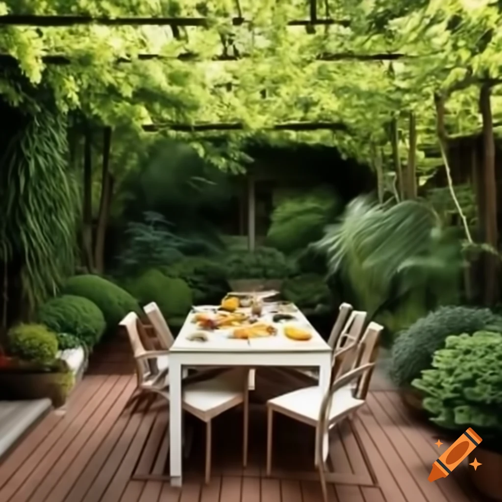 Lunch on a terrace in a sunlit garden