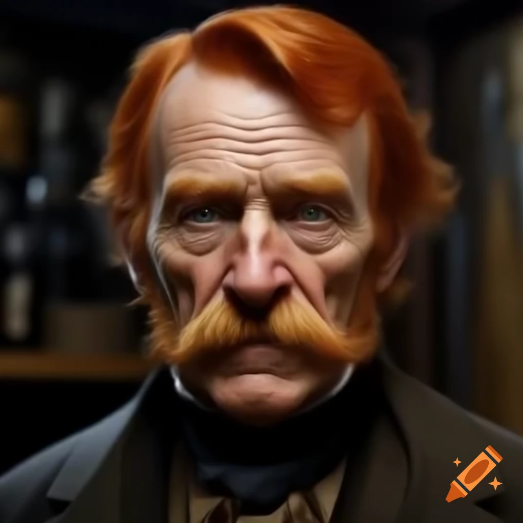 Realistic portrait of Victorian middle-aged red-haired man, shopkeeper