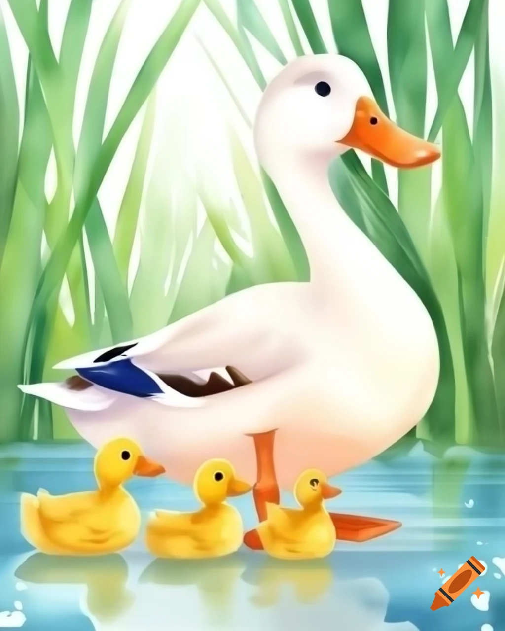 Cartoony duck with ducklings by the lake, watercolor style