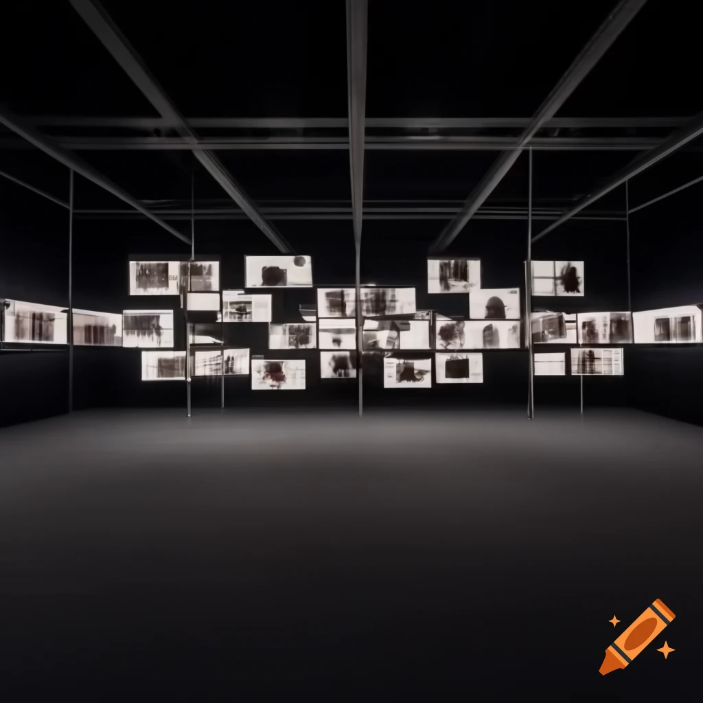 Gallery featuring 11 large photos hanging by wire from ceiling