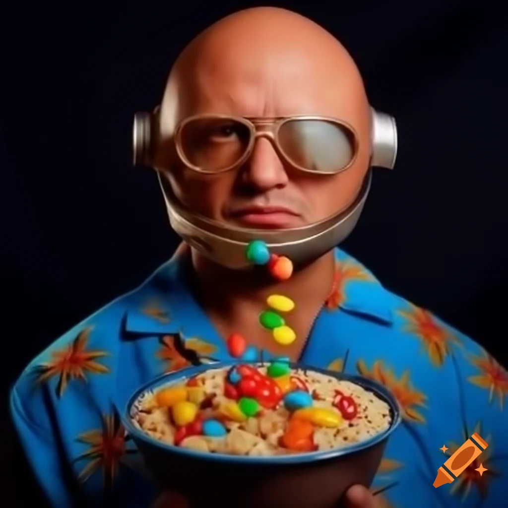 Fit bald man in space marine helmet and Hawaiian shirt eating Starburst candies and oatmeal