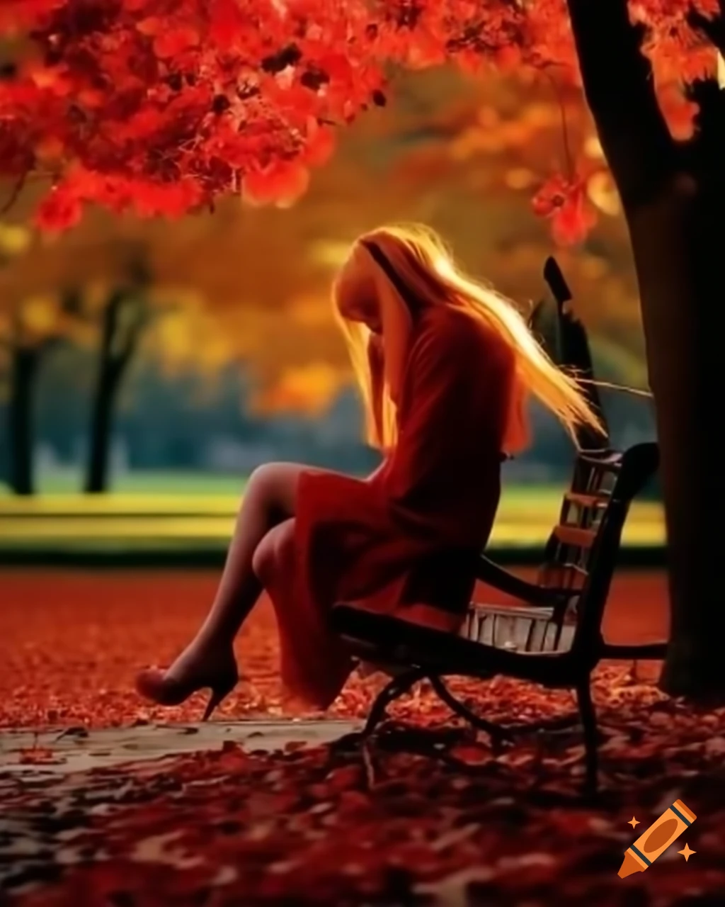 Grumpy French Asuka Langley waiting on park bench in autumn with flying red leaves, hyper-realistic detail