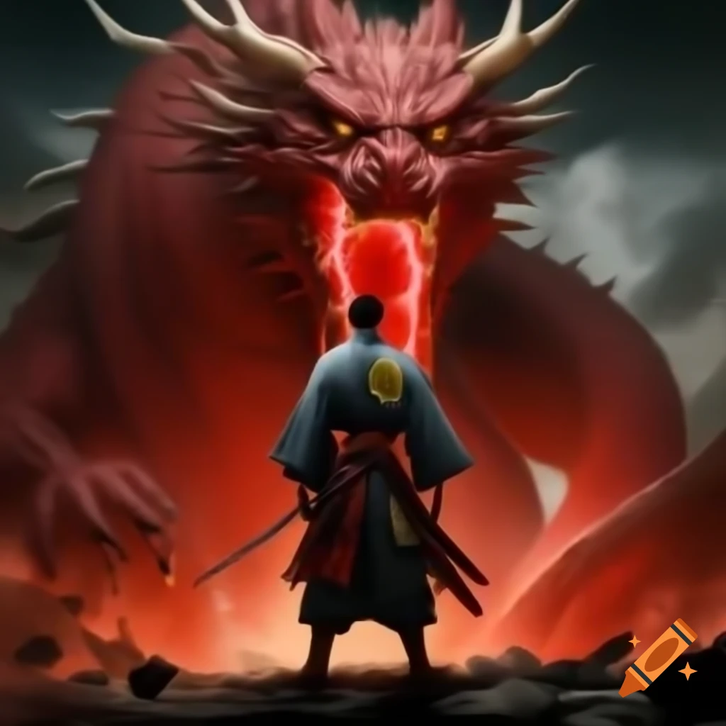 Man in kimono wielding katana facing red lightning dragon in battlefield