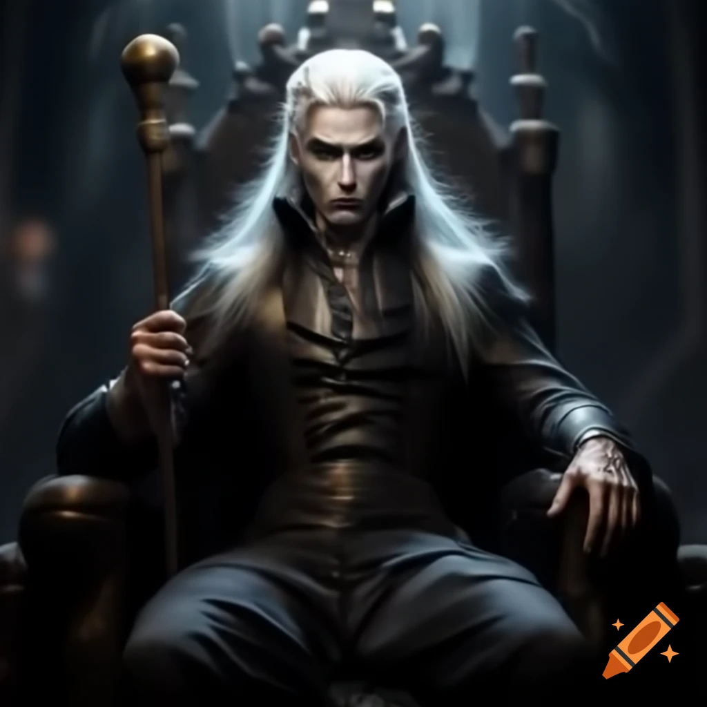 Young handsome vampire prince with long white hair and yellow eyes on throne holding scepter