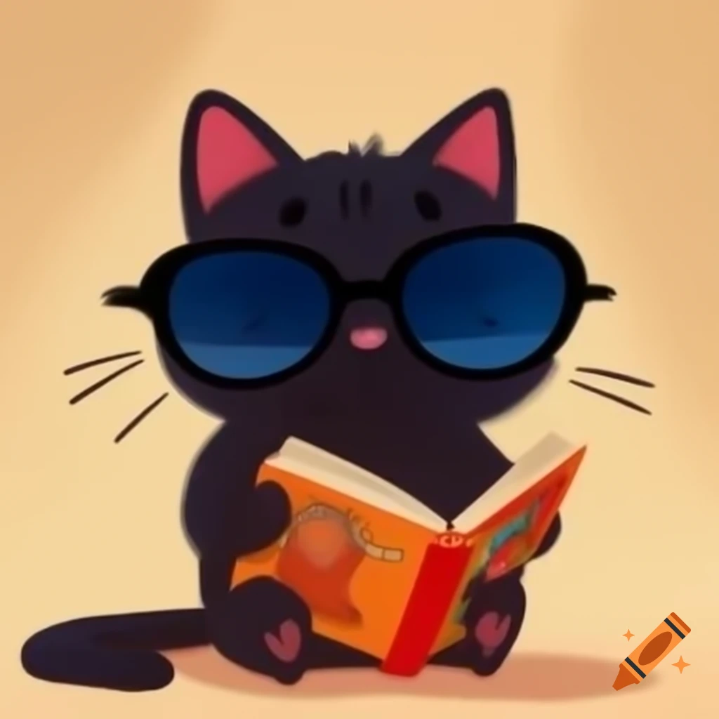 Cartoon of black cat wearing sunglasses and reading a book