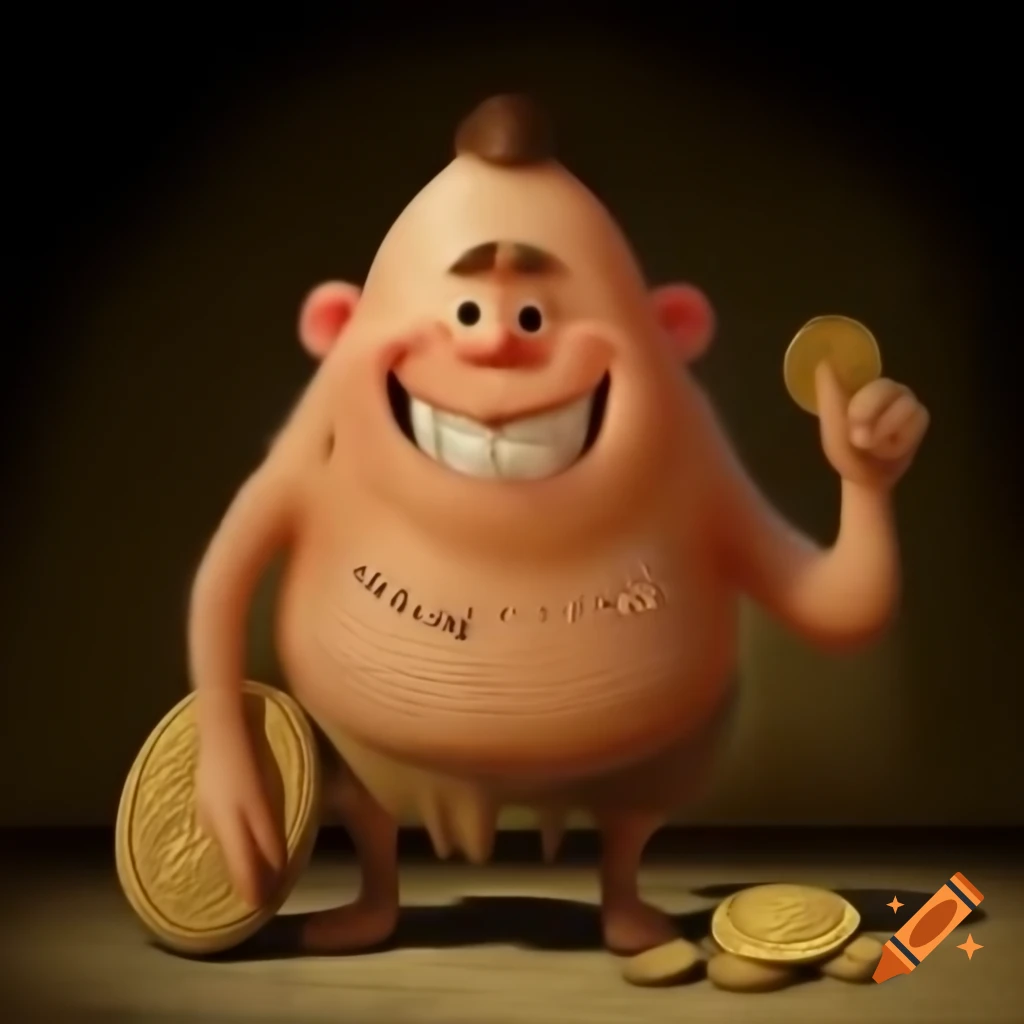 Cartoonish ancient man holding AetheriumX coin in front of golden city