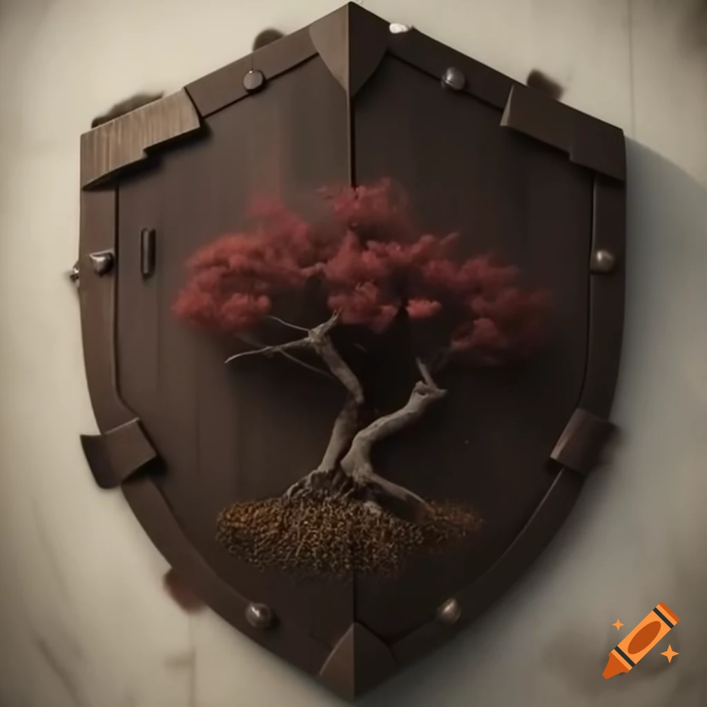 Engraved dark brown wooden shield with bramble branches and oak tree design