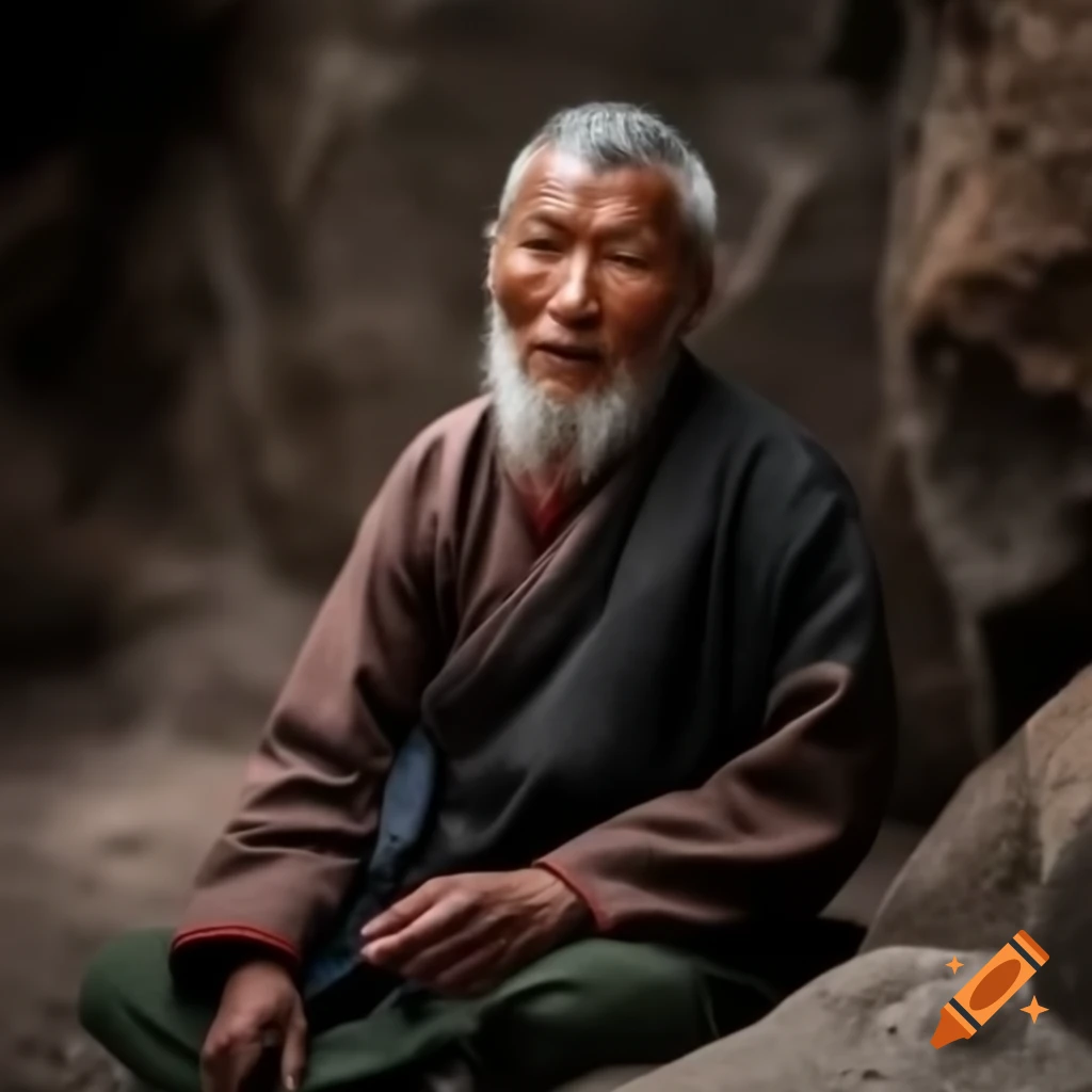 Old Tibetan man kneeling at rocky valley with rich green vegetation