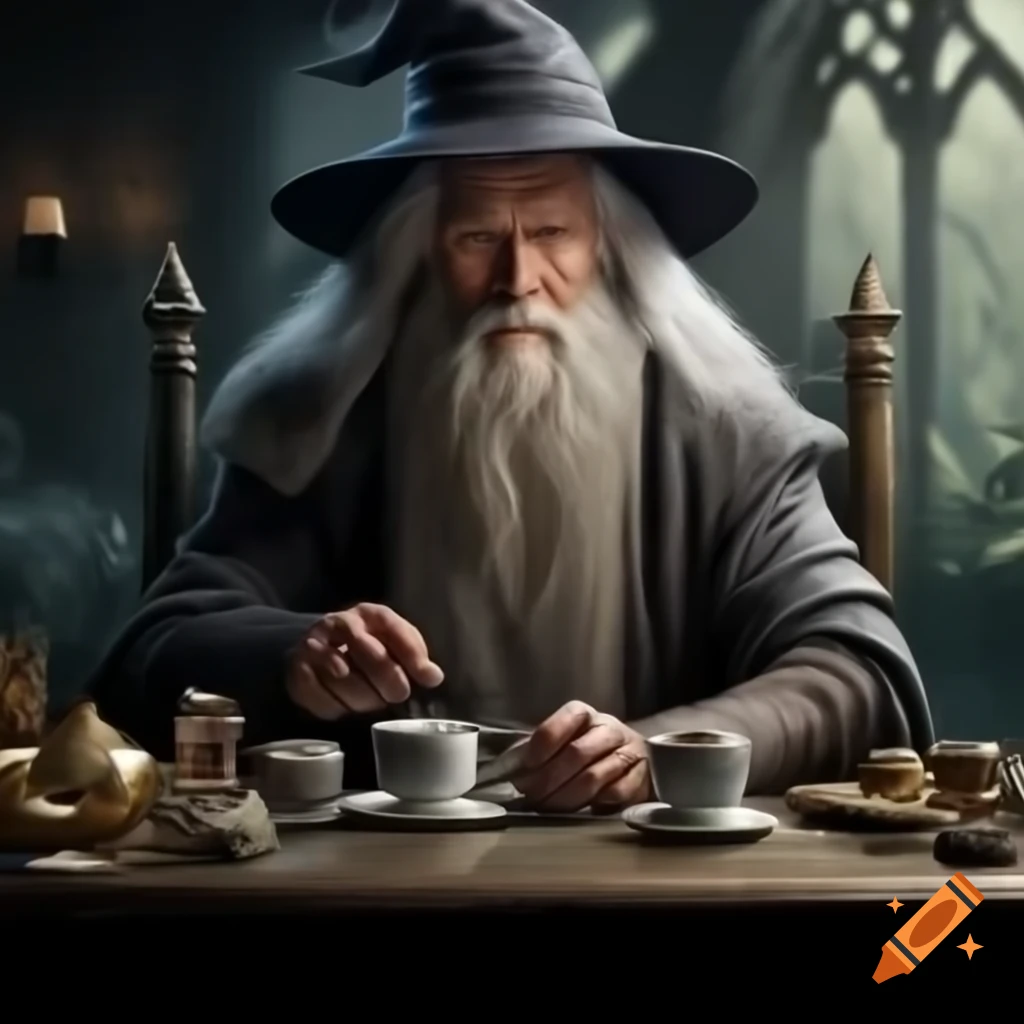Gandalf from Lord of the Rings enjoying a cup of tea