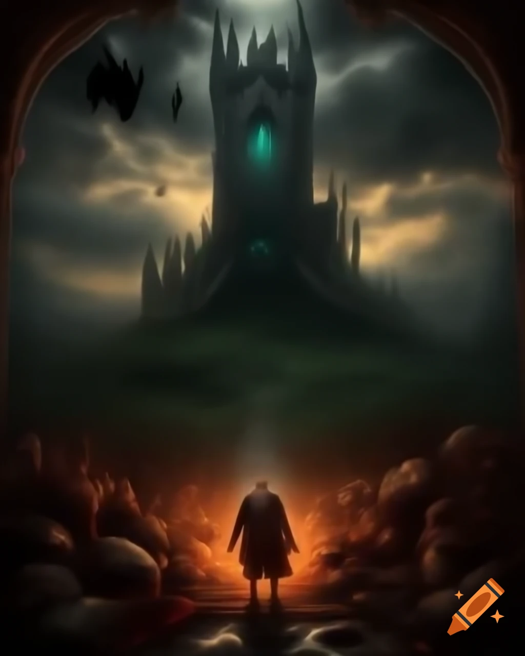 Gothic vampire tower with 1700s dressed vampire and nearby zombies