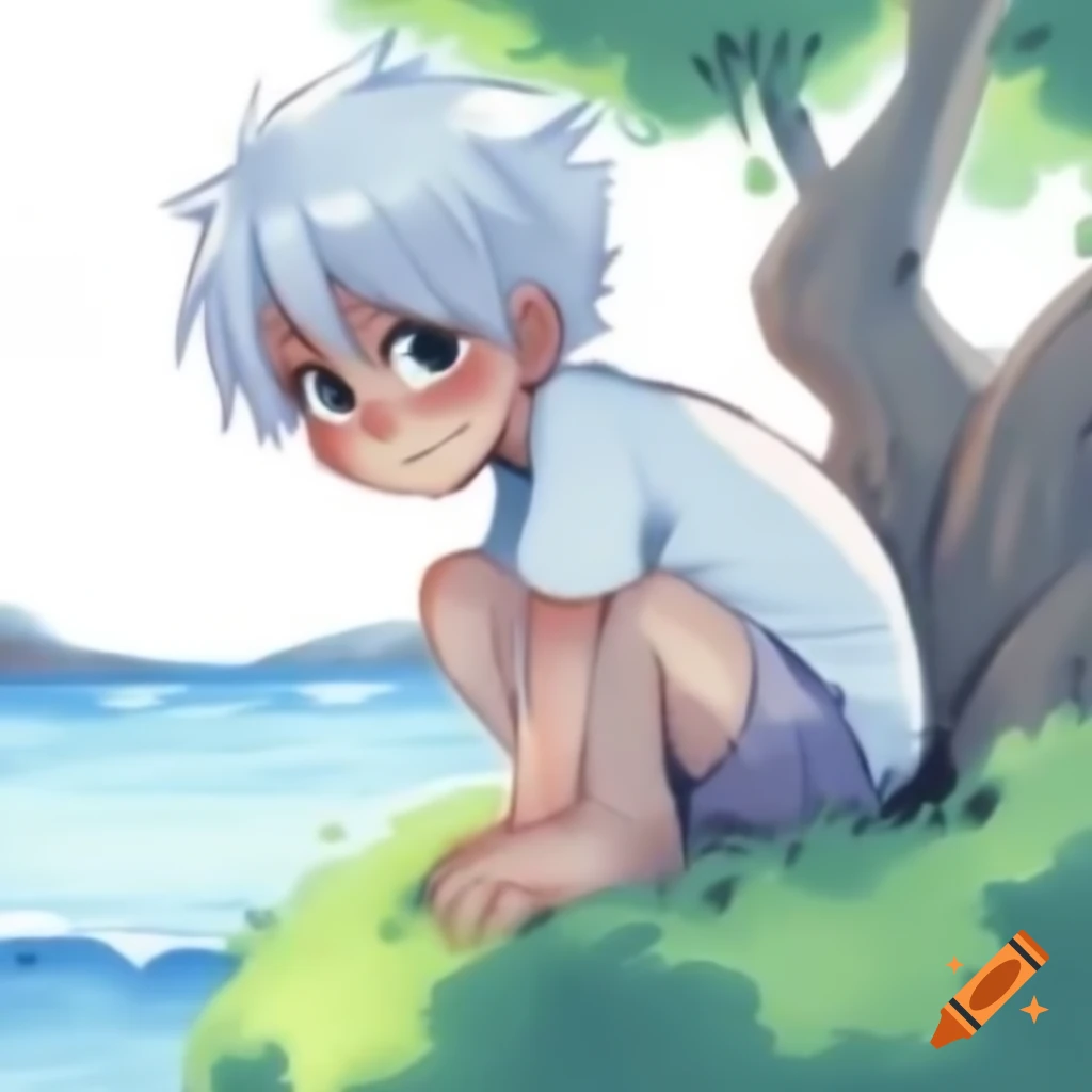 Anime boy with silver hair falling from tree near seaside, watercolour style