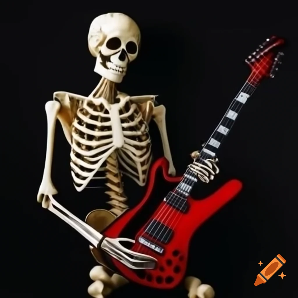 Skeleton holding black and red guitar