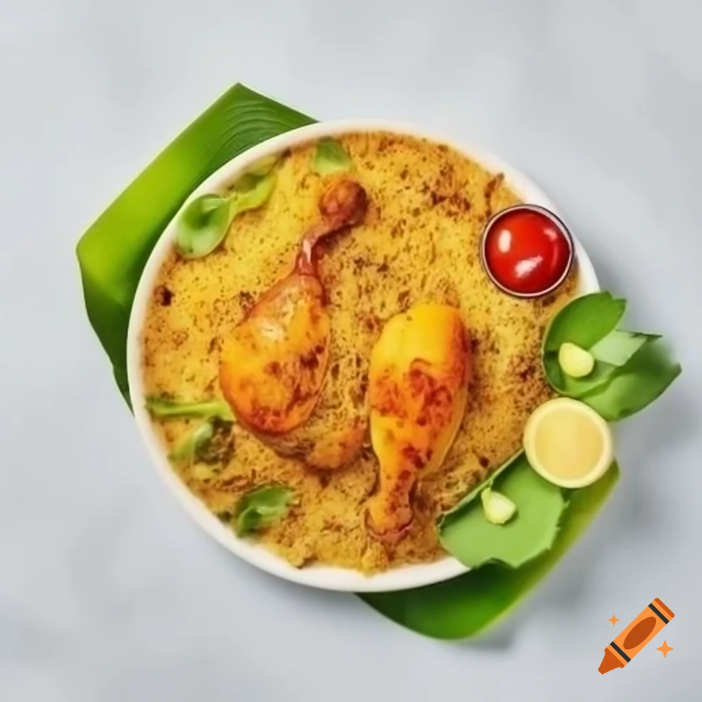 Top view of chicken biryani with grilled salad on banana leaf