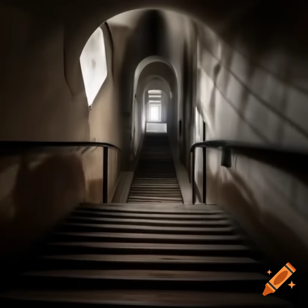 View of stairs leading down into church basement at night