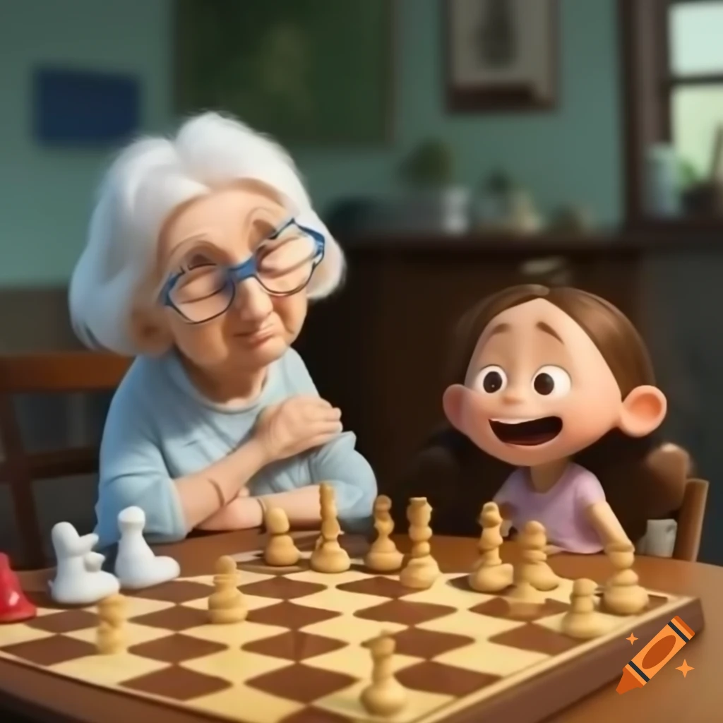 Grandmother and girl playing chess, cartoon anime style