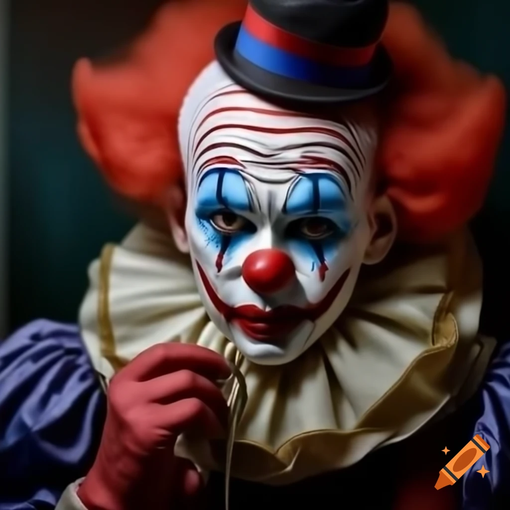 Intricate hyperrealistic scene of a senator sewing a clown costume