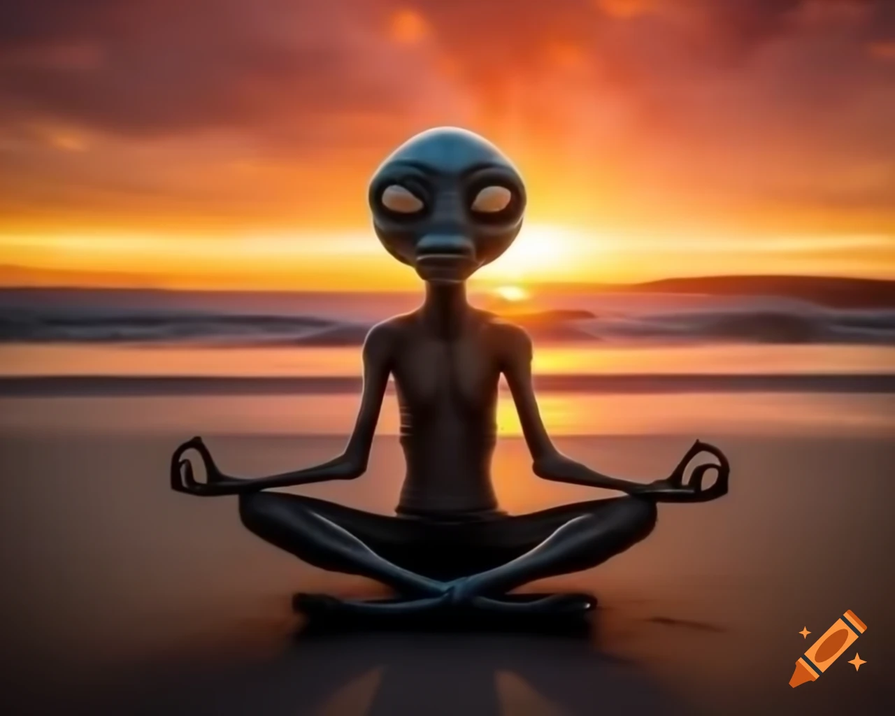 Alien meditating on beach during sunset, grainy texture
