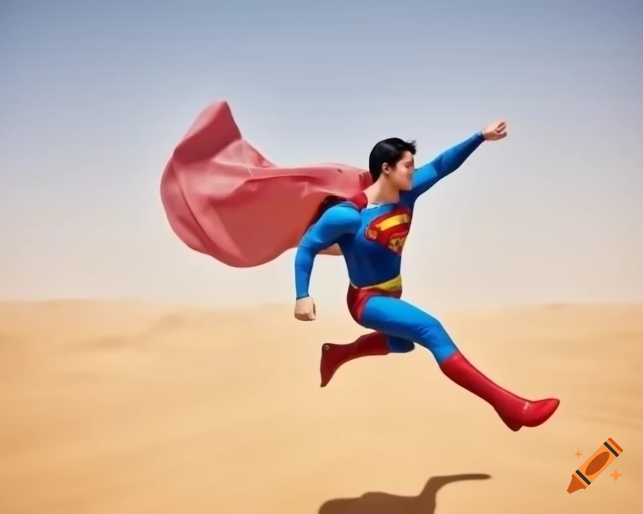 Superman flying over Saudi Arabian desert with flag-inspired colors