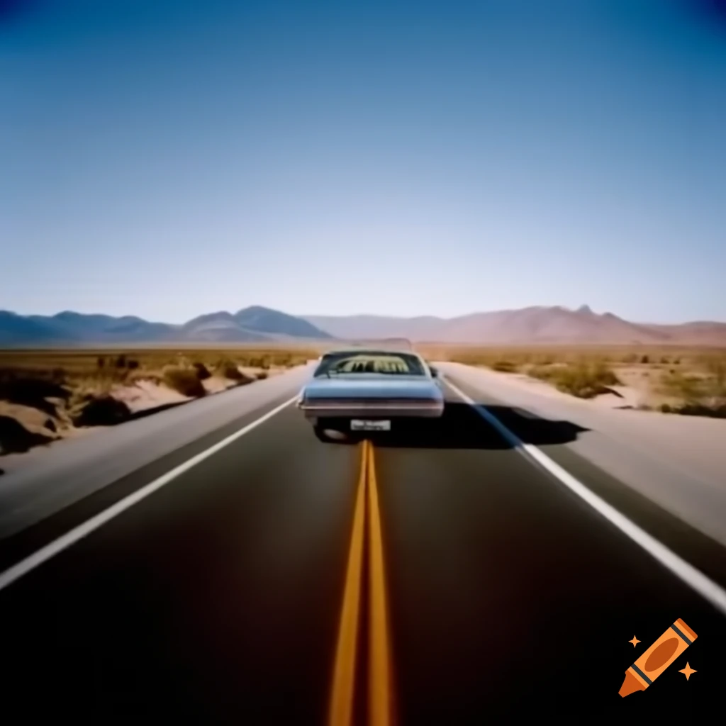 1972 Gran Torino driving on lonely desert road at sunset with distant mountains