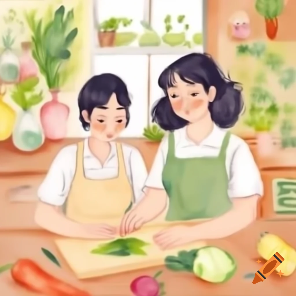 Warmly coloured watercolor sketch of woman chopping vegetables
