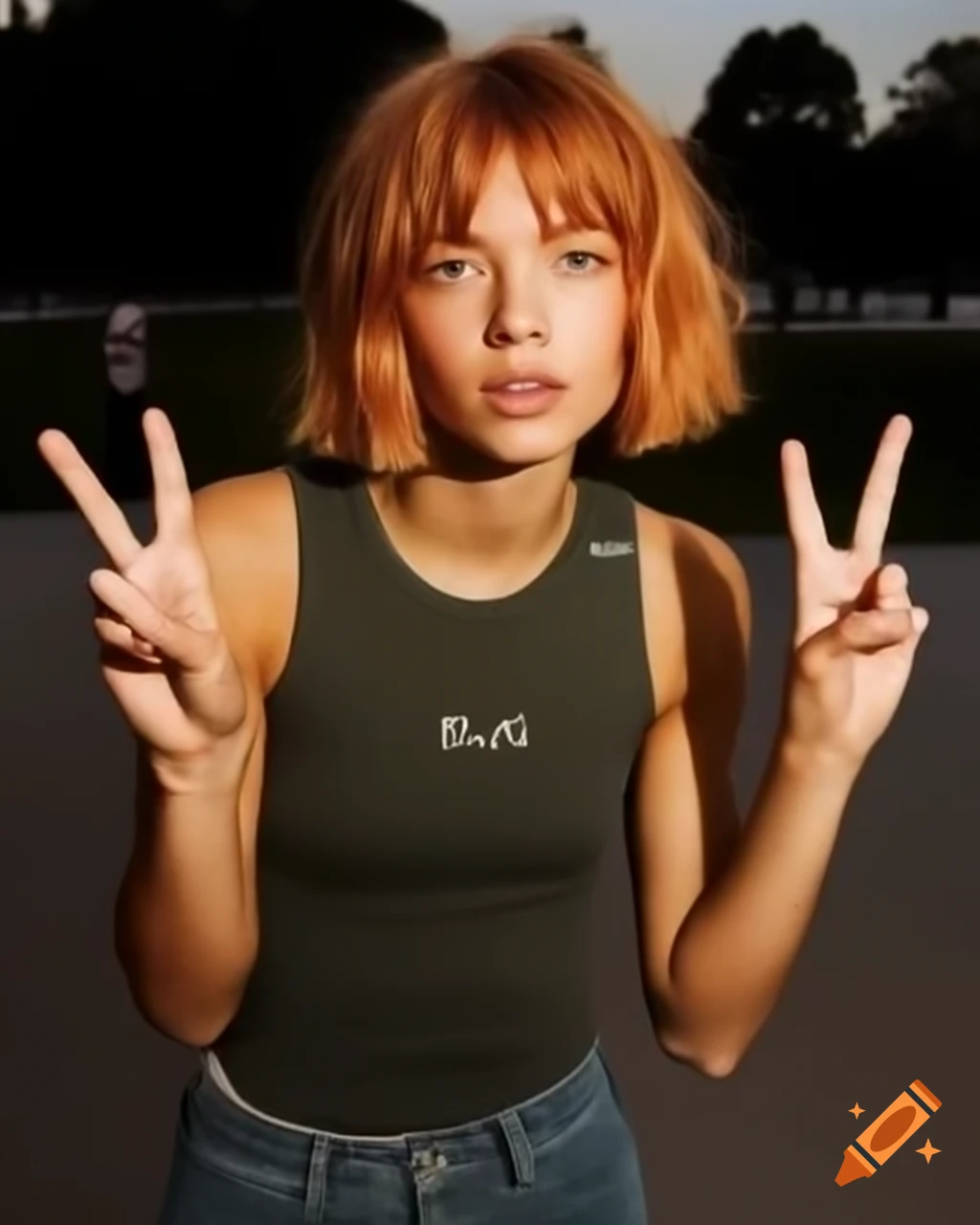 Shy French female skater with ginger hair in tank top making peace sign at skate park