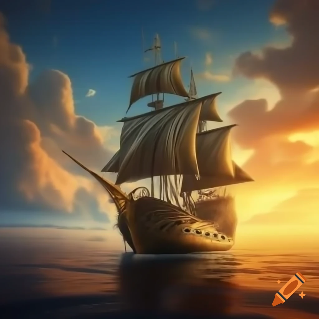 Elven sailing ship with golden sails against sunset sky