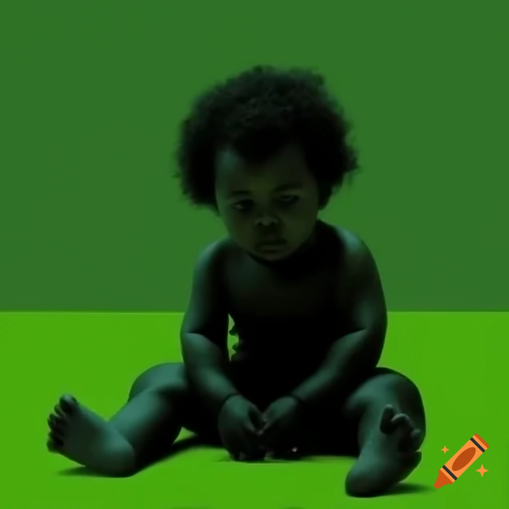Child sitting on floor against solid green background on craiyon